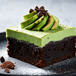 **

"A vibrant dessert featuring avocado. Close-up shot of a chocolate brownie with a smooth, green avocado-based frosting. Elegant plating with cocoa powder dusting. Safe for work, appropriate content, fully clothed, professional food photography, perfect anatomy of the dessert, natural proportions, high quality, modest presentation."

**