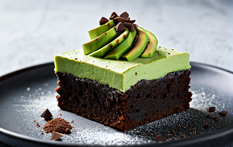 **

"A vibrant dessert featuring avocado. Close-up shot of a chocolate brownie with a smooth, green avocado-based frosting. Elegant plating with cocoa powder dusting. Safe for work, appropriate content, fully clothed, professional food photography, perfect anatomy of the dessert, natural proportions, high quality, modest presentation."

**