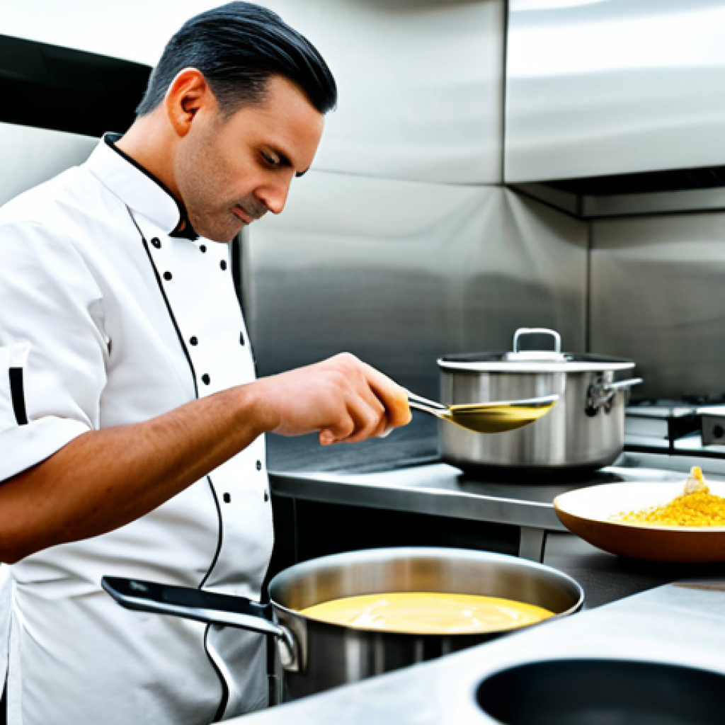 요리 기법 여행 실생활에 적용하기 - Emulsification Mastery**
"A chef meticulously whisking a sauce in a professional kitchen, fully clo...