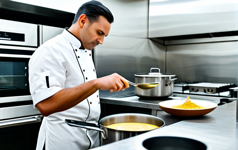 요리 기법 여행 실생활에 적용하기 - Emulsification Mastery**
"A chef meticulously whisking a sauce in a professional kitchen, fully clo...