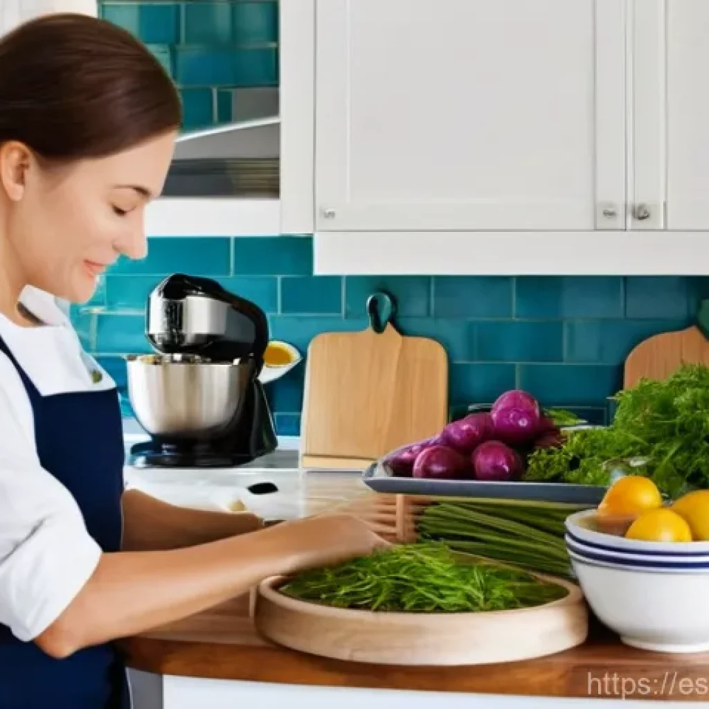 요리 기법 학습을 위한 추천 서적 - **Prompt:** A tranquil and immaculately organized kitchen scene, softly lit by natural light streami...