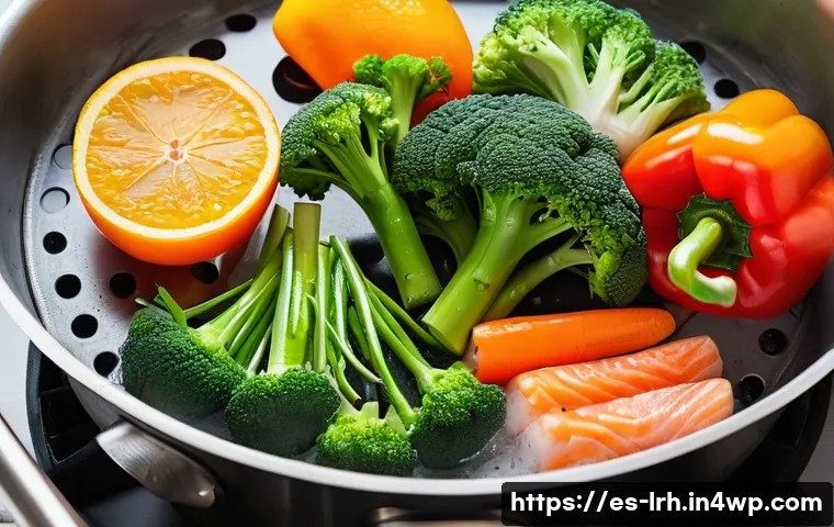 요리 기법과 건강식의 접목 - A vibrant, close-up image of a colorful assortment of fresh, seasonal vegetables being steamed in a ...