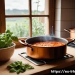 Home 20 요리 기법 여행 기억에 남는 순간들 - A cozy rustic Italian kitchen scene showcasing the slow cooking technique: a large copper pot simmer...