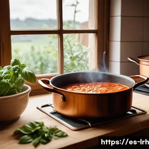 Home 30 요리 기법 여행 기억에 남는 순간들 - A cozy rustic Italian kitchen scene showcasing the slow cooking technique: a large copper pot simmer...