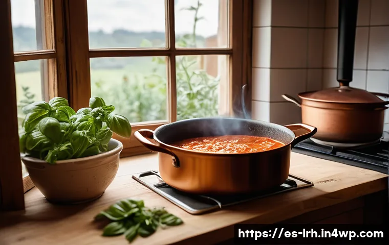 요리 기법 여행 기억에 남는 순간들 - A cozy rustic Italian kitchen scene showcasing the slow cooking technique: a large copper pot simmer...