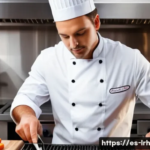 Home 29 요리 기법 실습을 통해 느낀 점 - A professional kitchen scene featuring a chef carefully searing a thick steak on a high-heat grill, ...