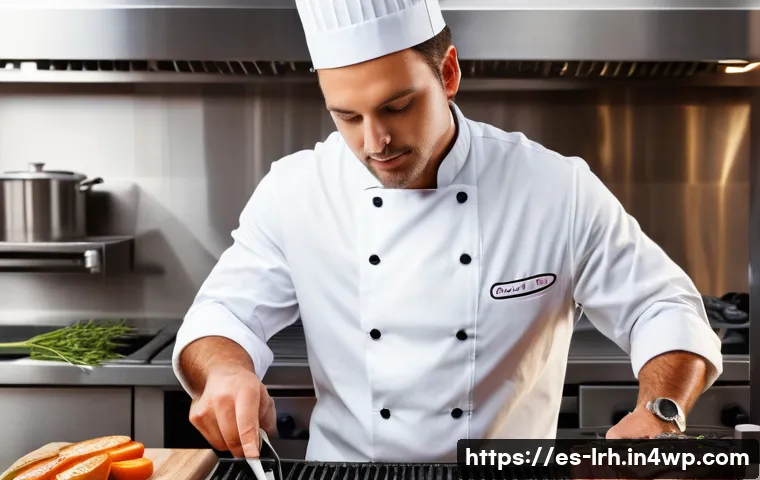요리 기법 실습을 통해 느낀 점 - A professional kitchen scene featuring a chef carefully searing a thick steak on a high-heat grill, ...