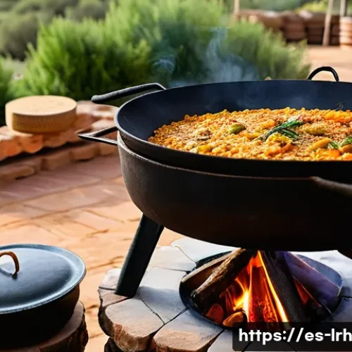 Home 28 전통 요리 기법의 중요성 - A rustic outdoor Spanish kitchen scene at sunset, featuring a traditional wood-fired paella stove wi...