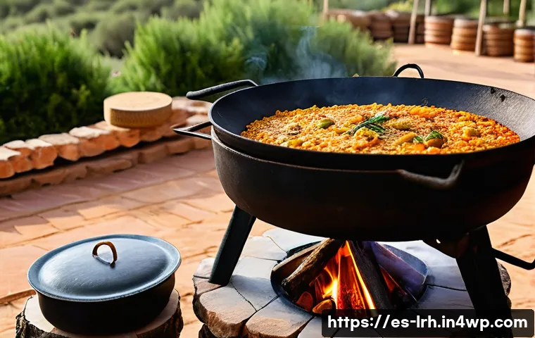 전통 요리 기법의 중요성 - A rustic outdoor Spanish kitchen scene at sunset, featuring a traditional wood-fired paella stove wi...