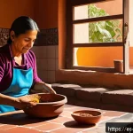 Home 22 여행 중의 요리 기법 느린 요리의 미학 - A warm, rustic kitchen scene in a traditional Mexican home, featuring a large clay pot simmering mol...