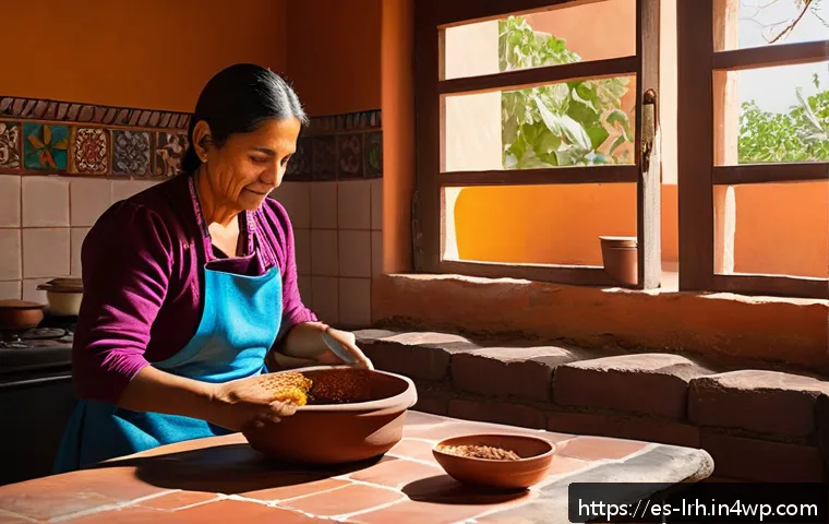 여행 중의 요리 기법 느린 요리의 미학 - A warm, rustic kitchen scene in a traditional Mexican home, featuring a large clay pot simmering mol...