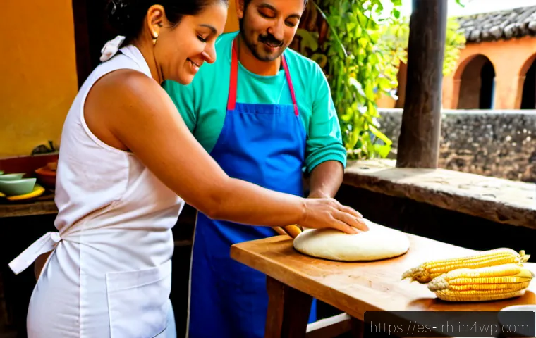 Home 17 여행 중 요리 기법 배우는 방법 - Photorealistic travel cooking class in a sunlit Mexican colonial courtyard, a Spanish-speaking adult...