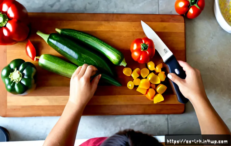 요리 기법 학습을 위한 팁과 트릭 - Photorealistic overhead view of a Spanish home kitchen learning basic knife skills, adult cook’s han...