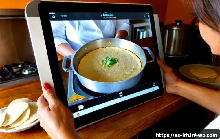 요리 기법과 관련된 영상 자료 추천 - Photorealistic Spanish home kitchen, a middle-aged woman watching a cooking technique video on a tab...